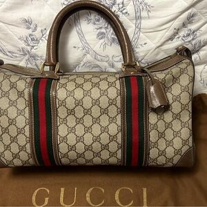 Gucci Beige GG Supreme Canvas Travel Satchel with Red and Green Web